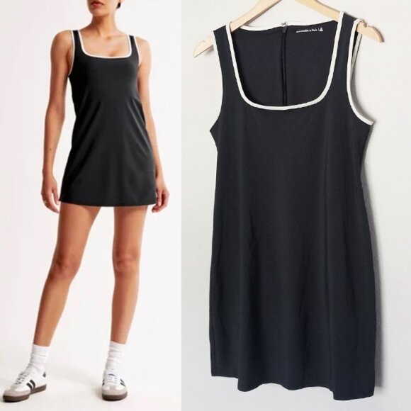 Abercrombie & Fitch Squareneck Traveler Mini Dress M Black White Trim Athleisure - Picture 5 of 16